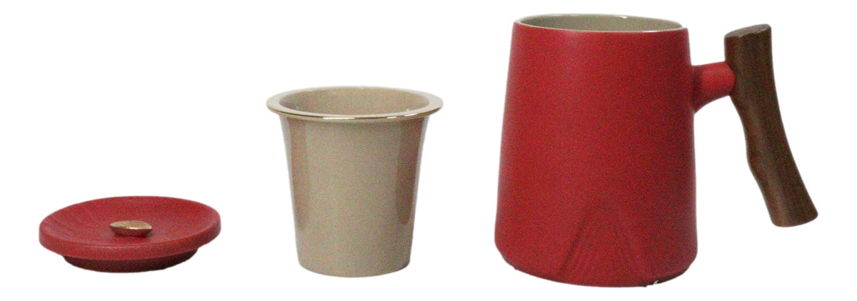 Red 15 Oz Chic Porcelain Tea Mug with Wooden Handle, Lid and Infuser