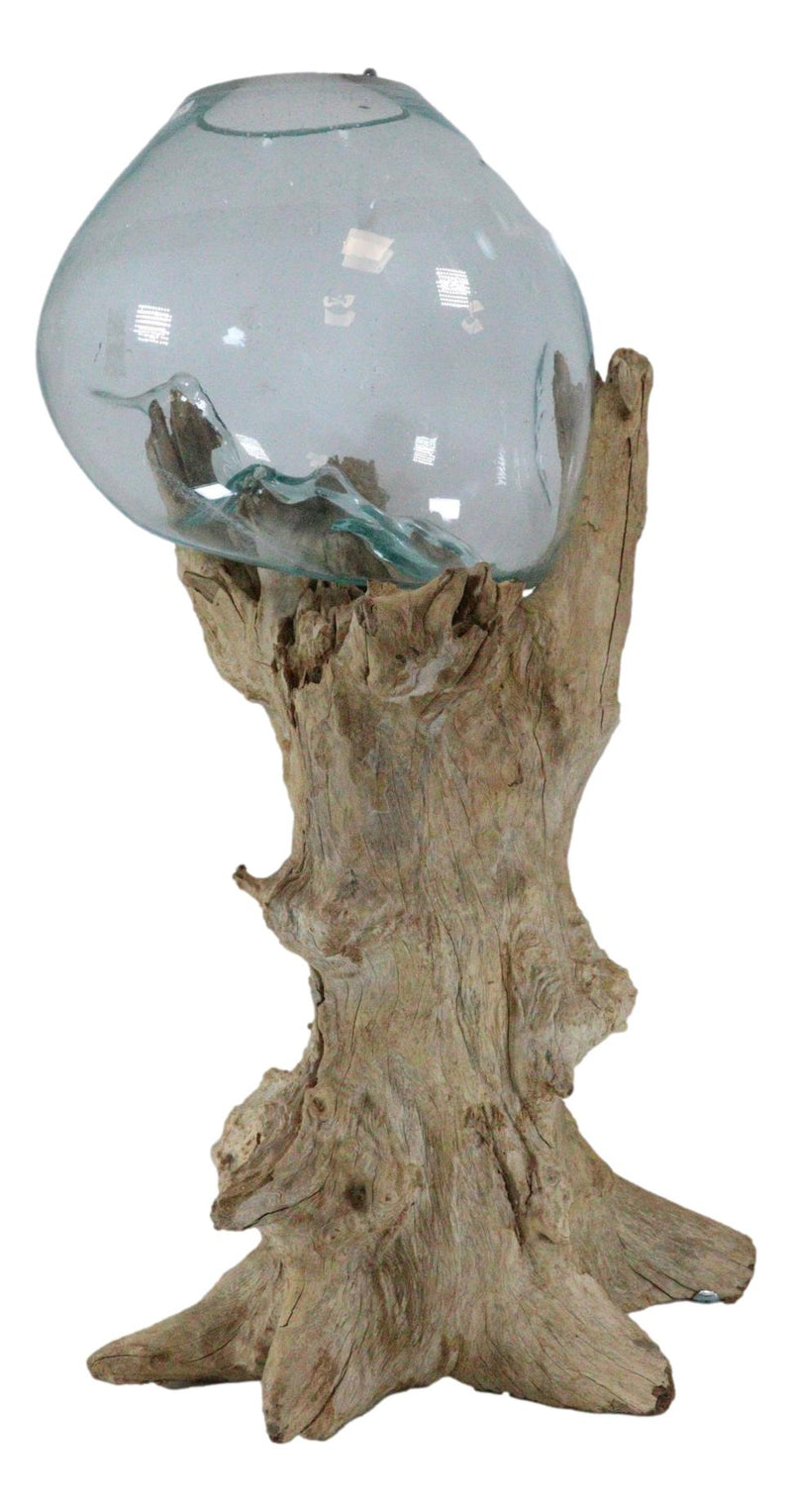 Large 28"H Bali Handicraft Driftwood With Molten Glass Bowl Vase Aquarium Decor