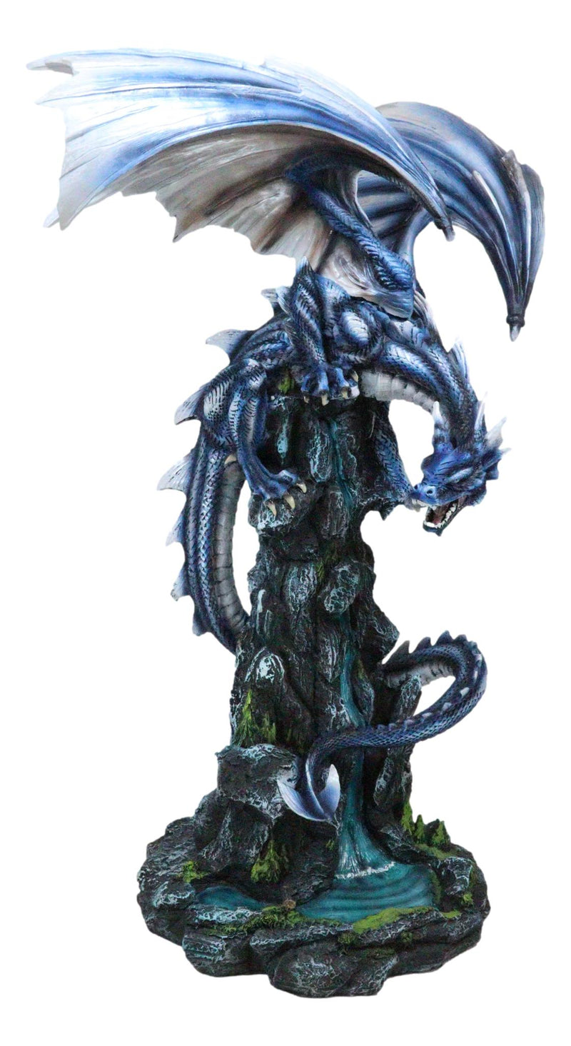 Large Blue Zirconia Rogue Storm Dragon Hovering Over Cliff Rock Waterfall Statue