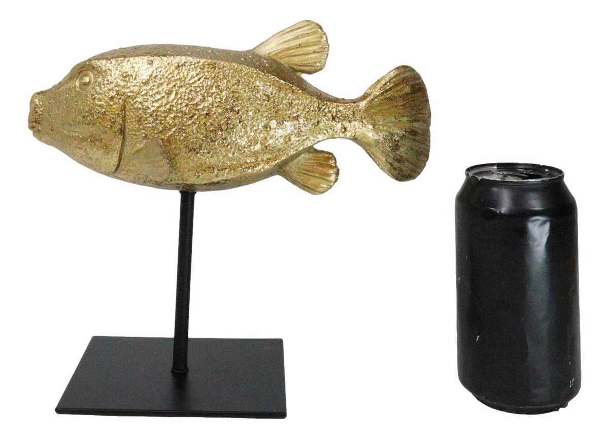 Nautical Marine Gold Tone Yellow Boxfish Fish Sculpture With Museum Pole Stand
