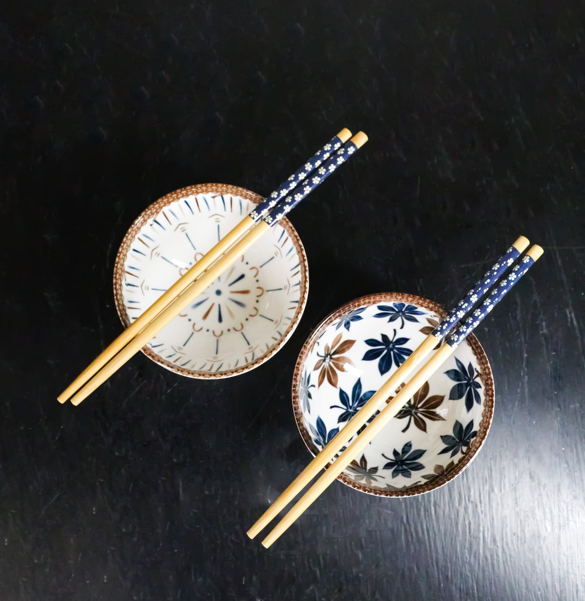 Ceramic Floral Arabesque Double Rice Bowl Gift Set with Chopsticks 10oz Bowls