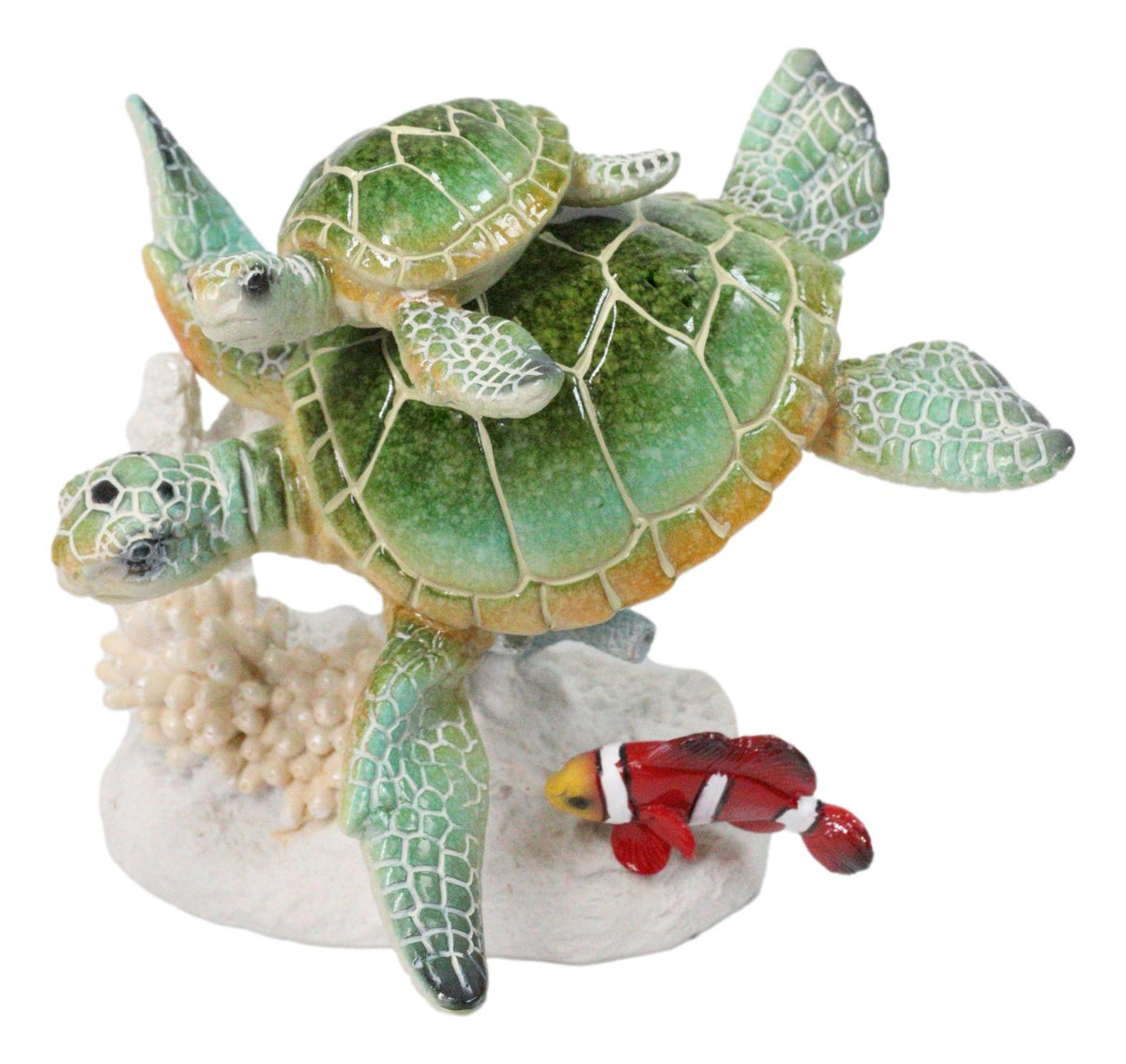 Green Sea Turtles Family Swimming By Coral Reef Sea Anemone Clownfish Figurine