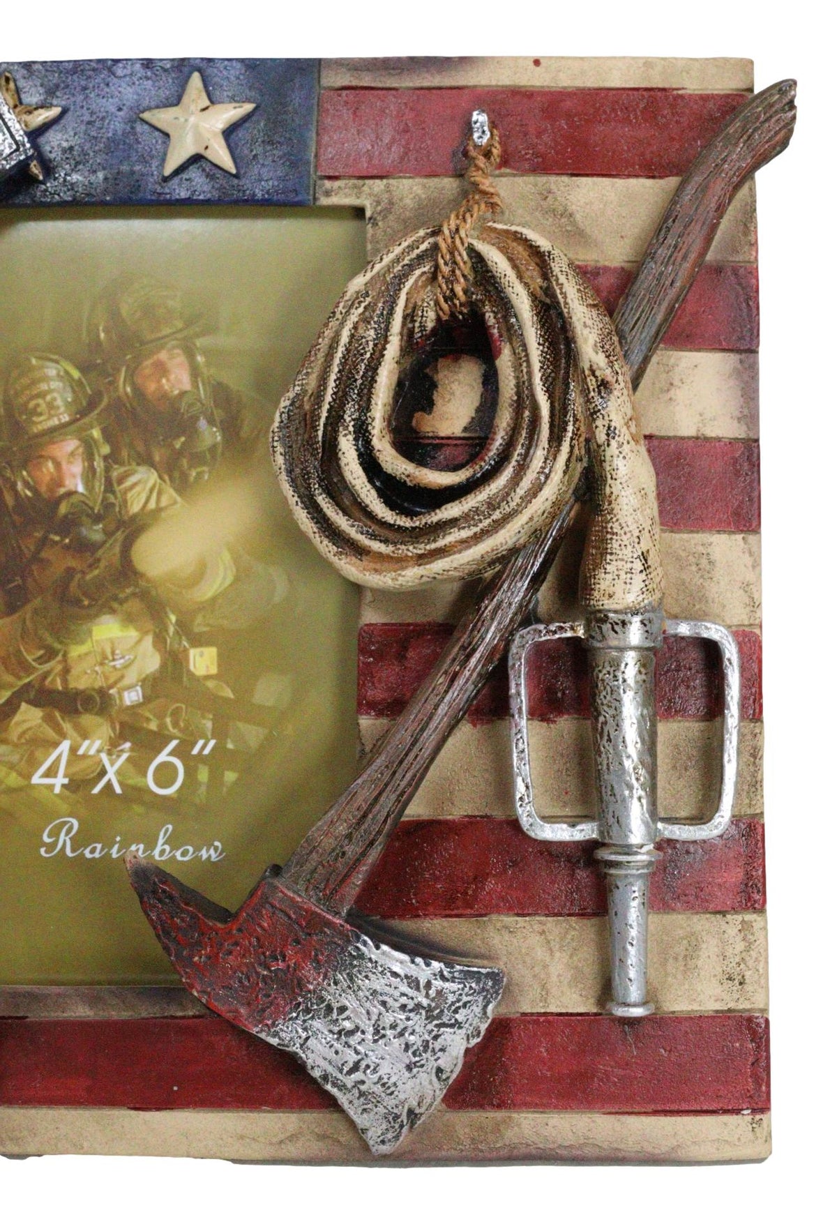 Patriotic Fire Department Fireman Helmet Hose Axe USA Flag 4"X6" Picture Frame