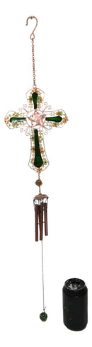 Green Floral Shamrock Cross with Gemstones Metal Scroll Filigree Wind Chime 31"H