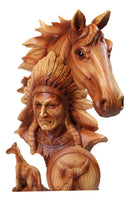 Faux Wood Horse & Native American Chief Figurine Western Tribal Headdress