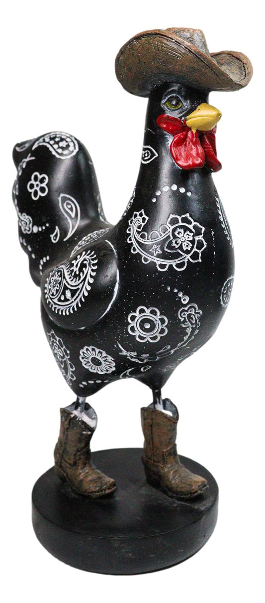 Black Western Country Cowboy Chicken Rooster Wearing Hat And Boots Figurine 8"H