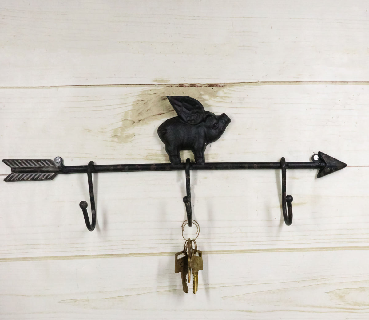 Cast Iron Rustic Farmhouse When Pigs Fly Angel Pig With Arrow 3-Peg Wall Hooks