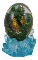 Green Fossil Dragon Hatchling Sleeping in Crystal Acrylic Glass Egg Figurine