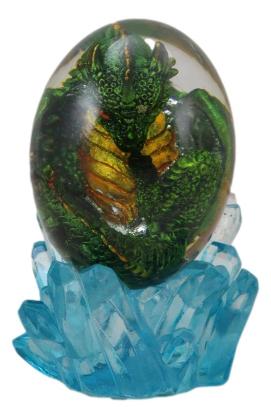 Green Fossil Dragon Hatchling Sleeping in Crystal Acrylic Glass Egg Figurine