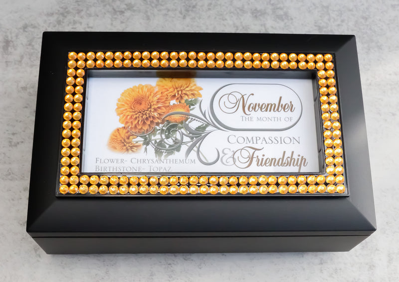 November Month Topaz Birthstone Compassion Friendship Black Musical Trinket Box