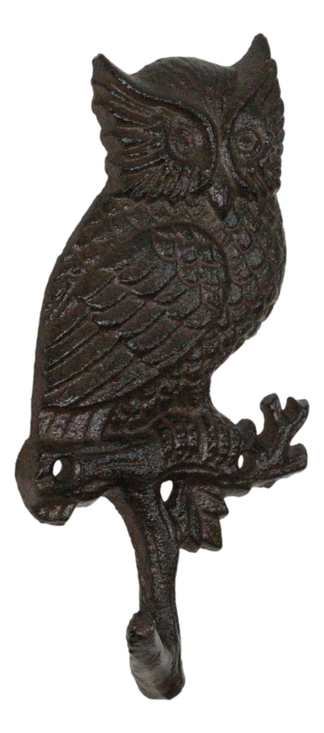 Pack of 2 Cast Iron Rustic Great Horned Owl On Twig Wall Coat Keys Leashes Hooks