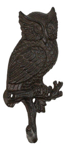 Pack of 2 Cast Iron Rustic Great Horned Owl On Twig Wall Coat Keys Leashes Hooks