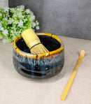 Black Brown Waterfall Ceramic Japanese Matcha Green Tea Bowl Whisk & Scoop Set