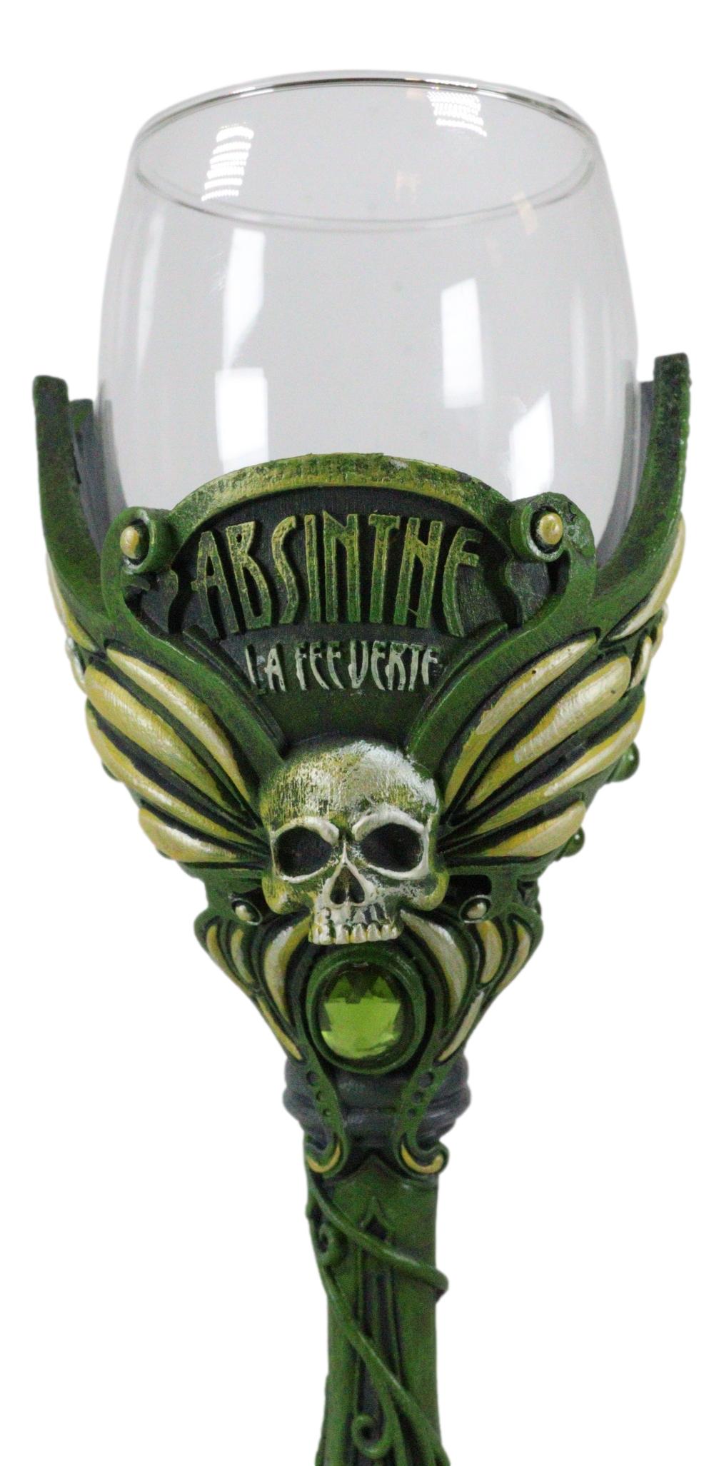 Bohemian Absinthe La Fee Verte Skull With Green Gem And Vine Stem Wine Goblet