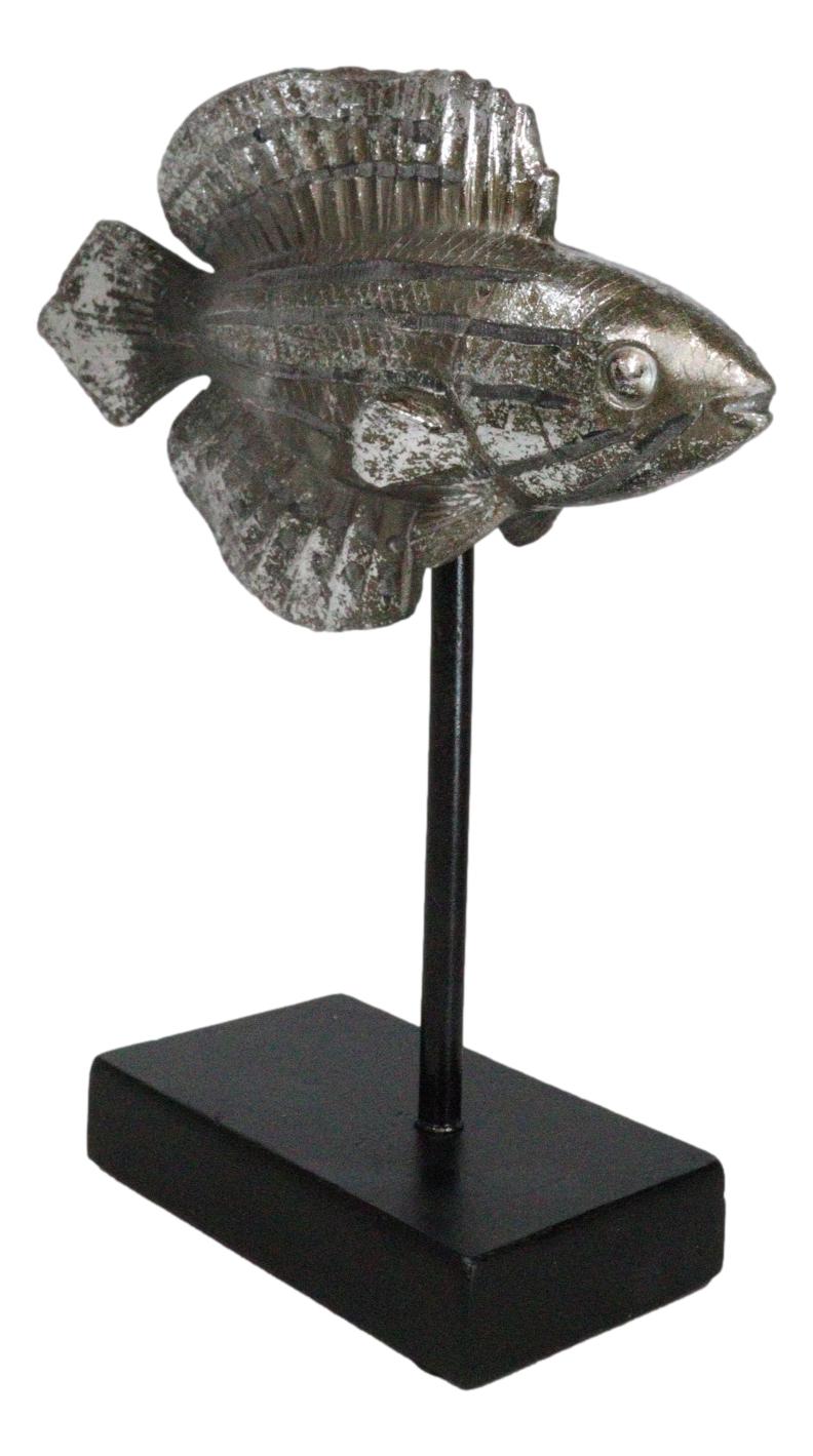 Marine Silver Tone Diamond-Tail Flasher Wrasse Fish Sculpture With Pole Stand