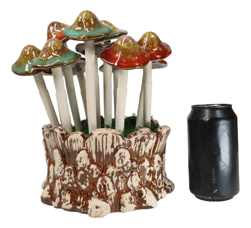 Fairy Garden Colorful 12 Piece Ceramic Mushroom Picks With Planter Holder Set
