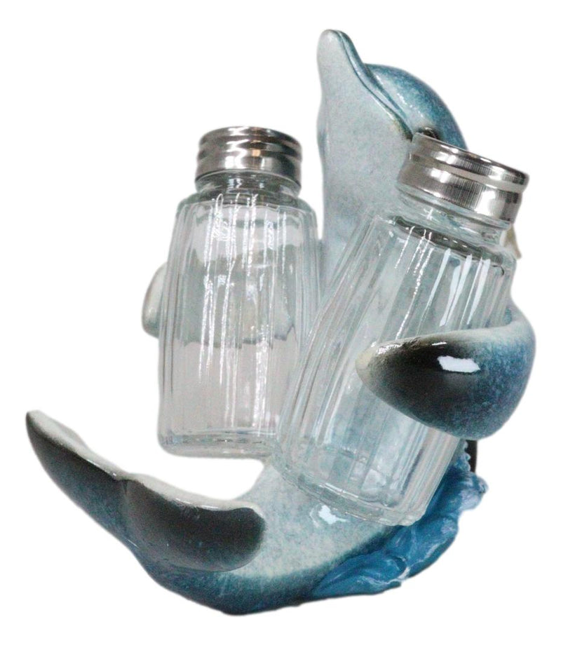 Ocean Marine Blue Dolphin Riding Sea Waves Salt And Pepper Shakers Holder Set