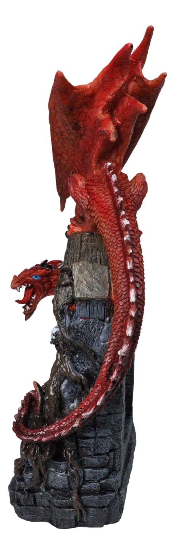 Medieval Red Dragon On Gothic Cathedric Tomb With Skulls LED Fire Flame Figurine