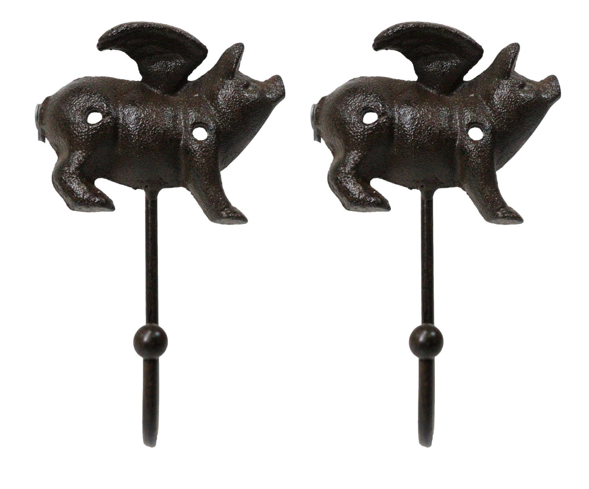 Set of 2 Cast Iron Rustic Country Flying Angel Pig Wall Hooks Coat Towel Hanger