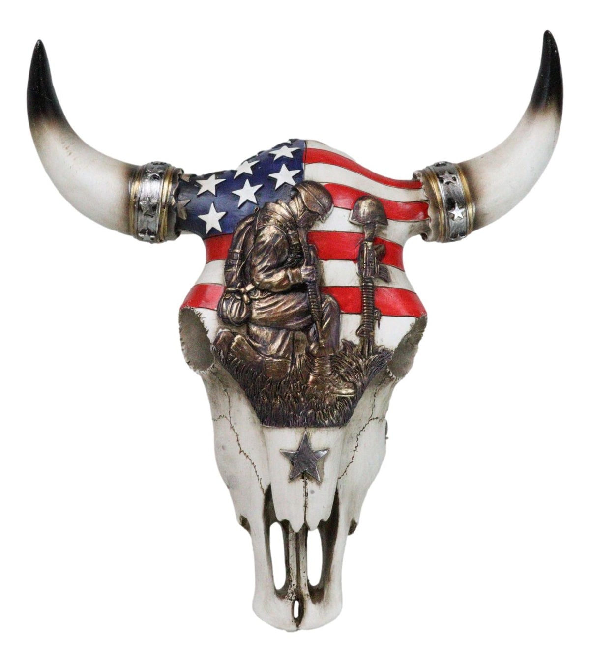 Western Patriotic USA Flag Helmet Rifle Soldier Memorial Cow Skull Wall Decor - Ebros Gift