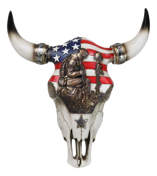 Western Patriotic USA Flag Helmet Rifle Soldier Memorial Cow Skull Wall Decor - Ebros Gift
