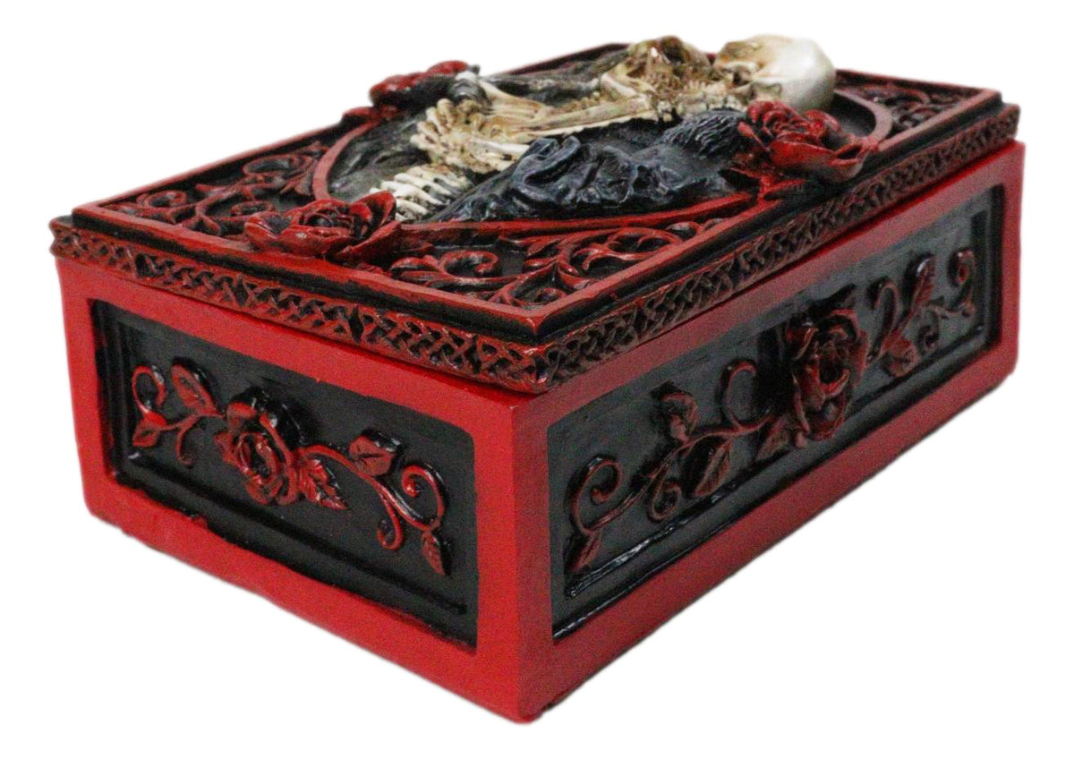 Skeleton Bride and Groom Keepsake Trinket Box with Red Roses Gothic Skull Lovers