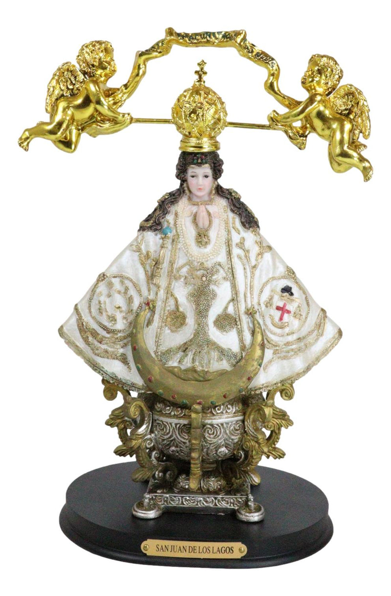 Our Lady of San Juan De Los Lagos Golden Crown And Angels Regal White Figurine