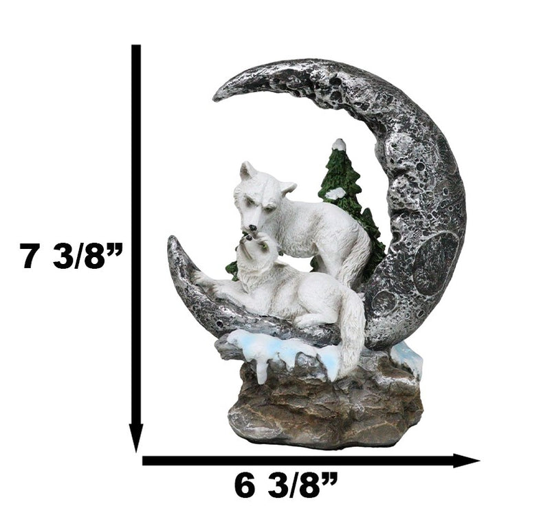 Winter White Wolf Couple In Snow Pine Trees Scene With LED Crescent Moon Statue