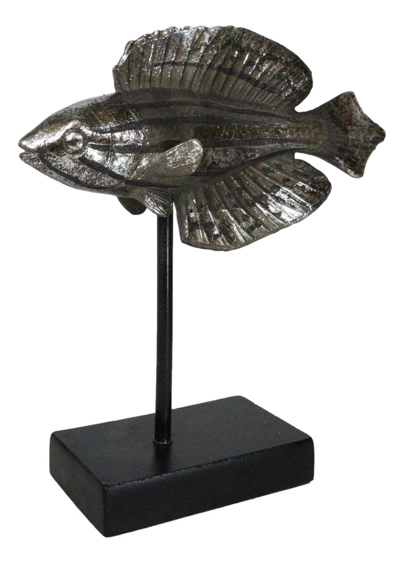 Marine Silver Tone Diamond-Tail Flasher Wrasse Fish Sculpture With Pole Stand