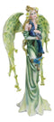 Beautiful Green Fairy With Colorful Flowers Carrying A Blue Peacock Figurine