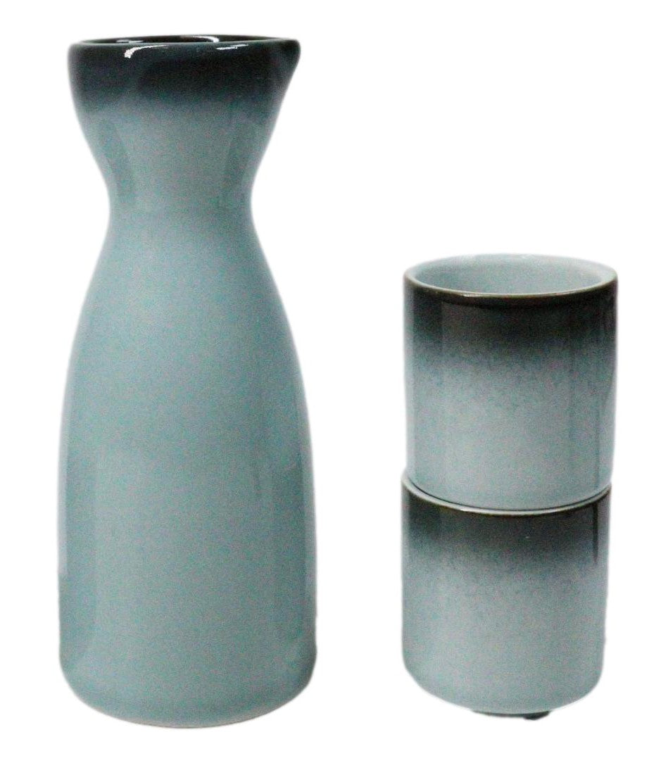 Blue Sky And Stars Seikai Porcelain Japanese Wine Sake Flask With 2 Cups Set