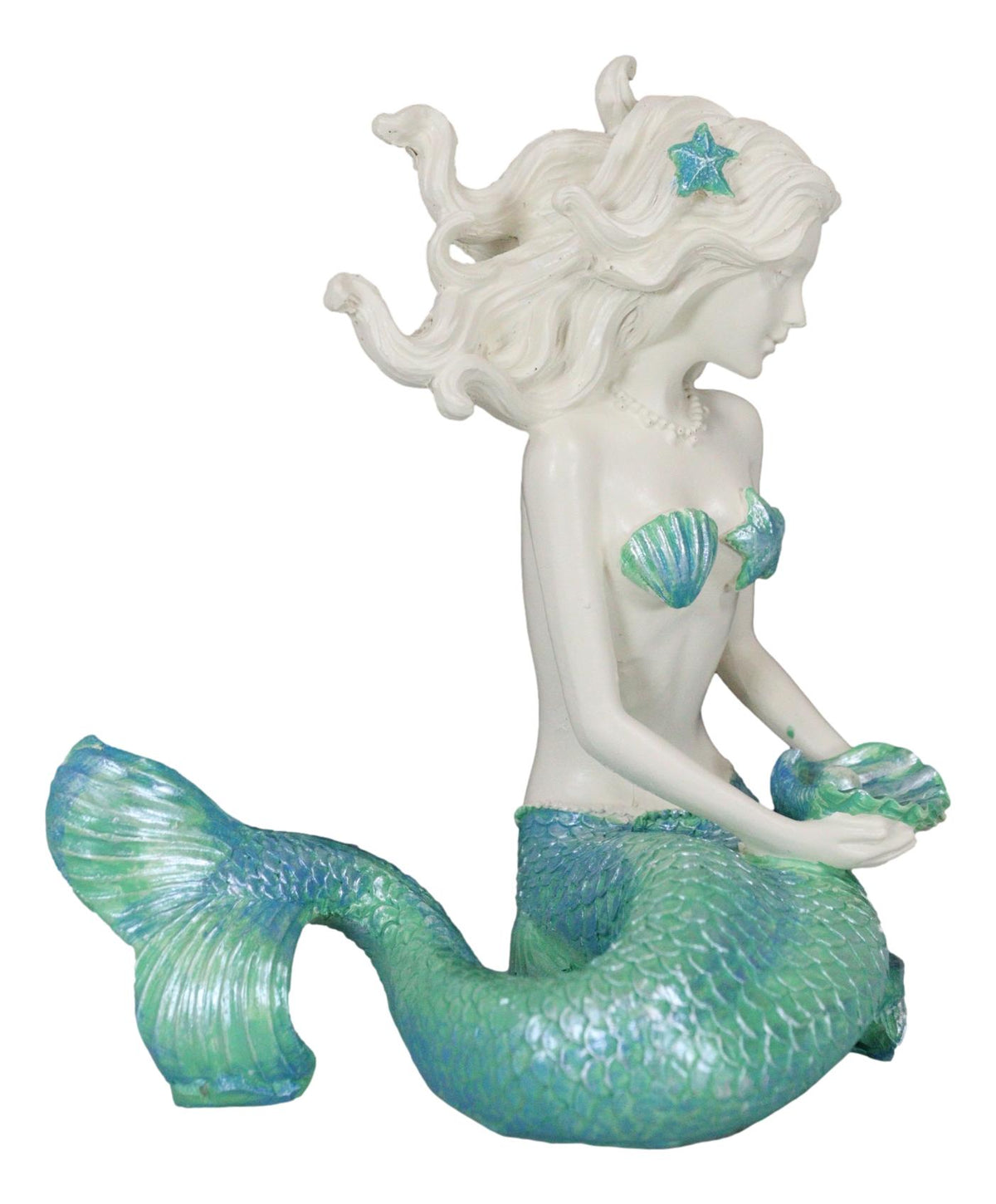 Nautical Aqua Capiz Blue Tailed Mermaid Holding Pearl In Clam Shell Figurine