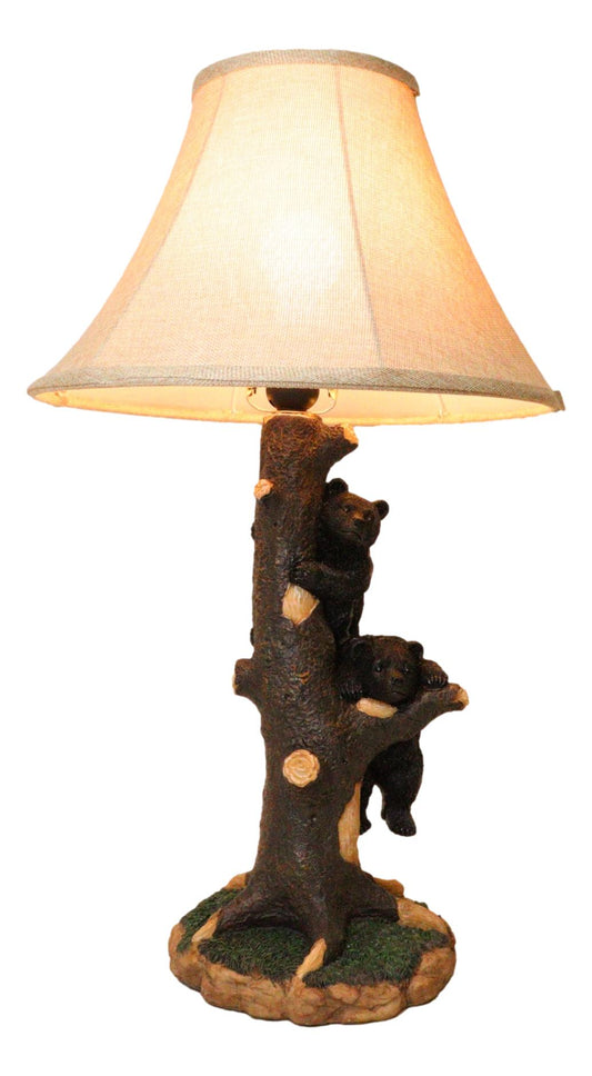 Rustic Western Forest Playful Black Bear Cubs Climbing On Tree Trunk Table Lamp