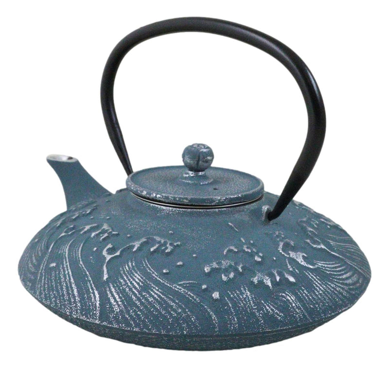 Royal Blue Ocean Sea Waves Cast Iron Tetsubin Teapot With Enamel Liner