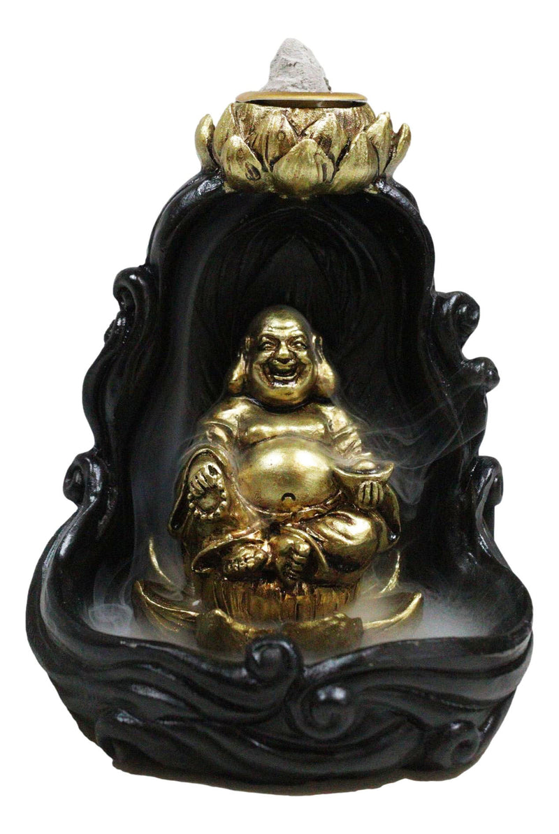 Golden Laughing Buddha Hotei On Black Cloud Lotus Backflow Incense Cone Burner
