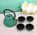 Chrysanthemum Green Gold Petite Cast Iron Teapot 10oz With 4 Mini Tea Cups Set