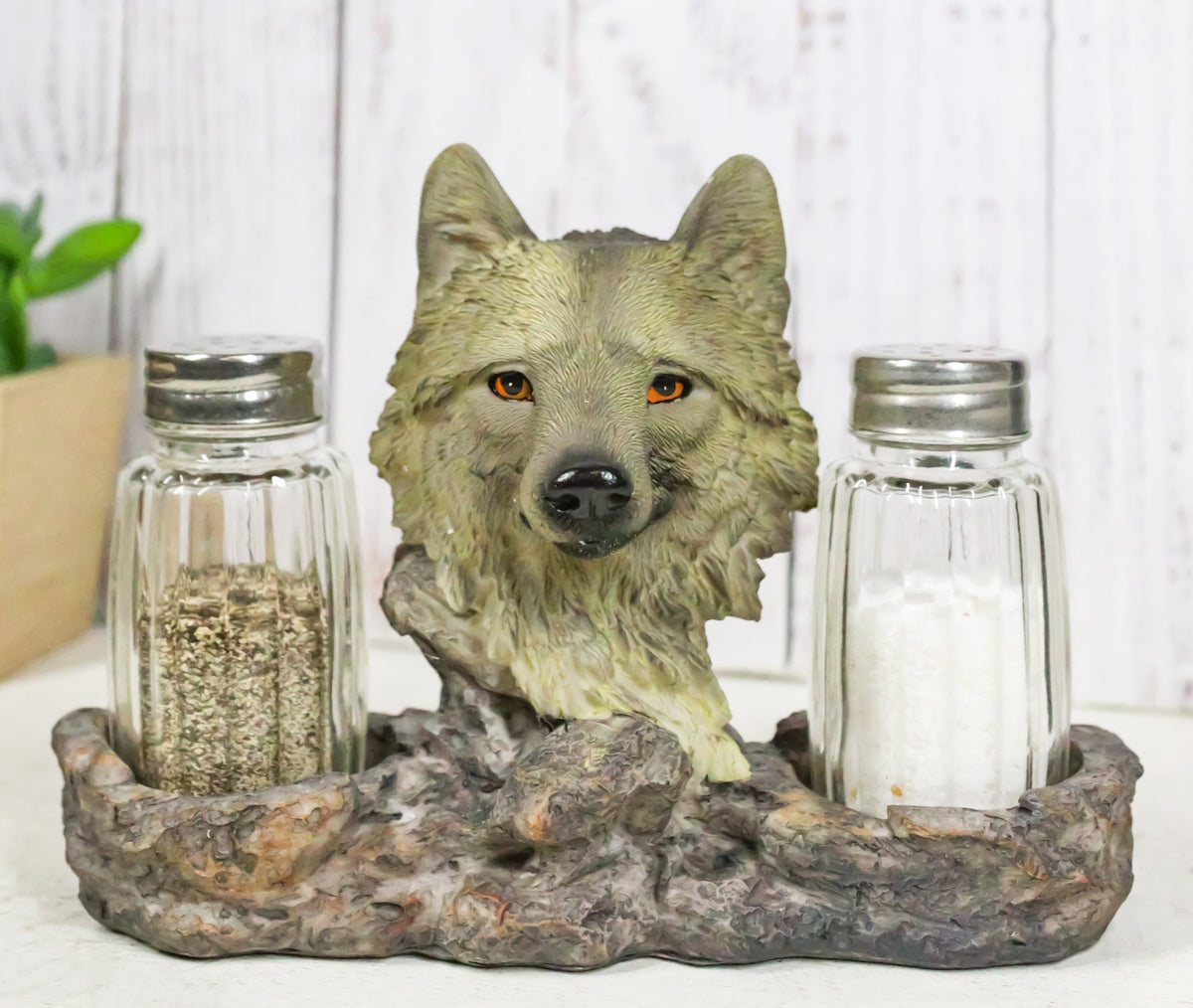 White Wolf Head By Woodlands Forest Glass Salt & Pepper Shakers Holder Figurine