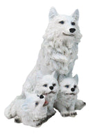 Winter Snow White Wolf Mother Sitting with 3 Adorable Cubs Family Figurine Decor