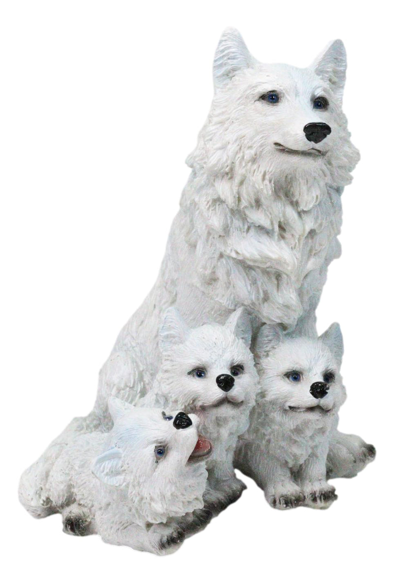 Winter Snow White Wolf Mother Sitting with 3 Adorable Cubs Family Figurine Decor