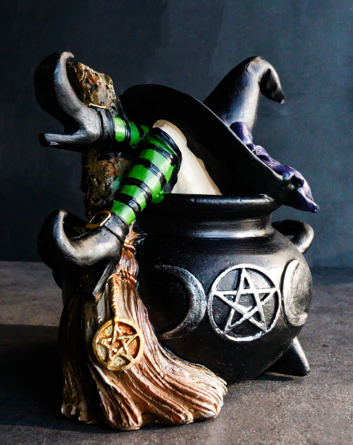 Sleeping Witch with Hat and Broomstick in Triple Moon Fire Cauldron Figurine