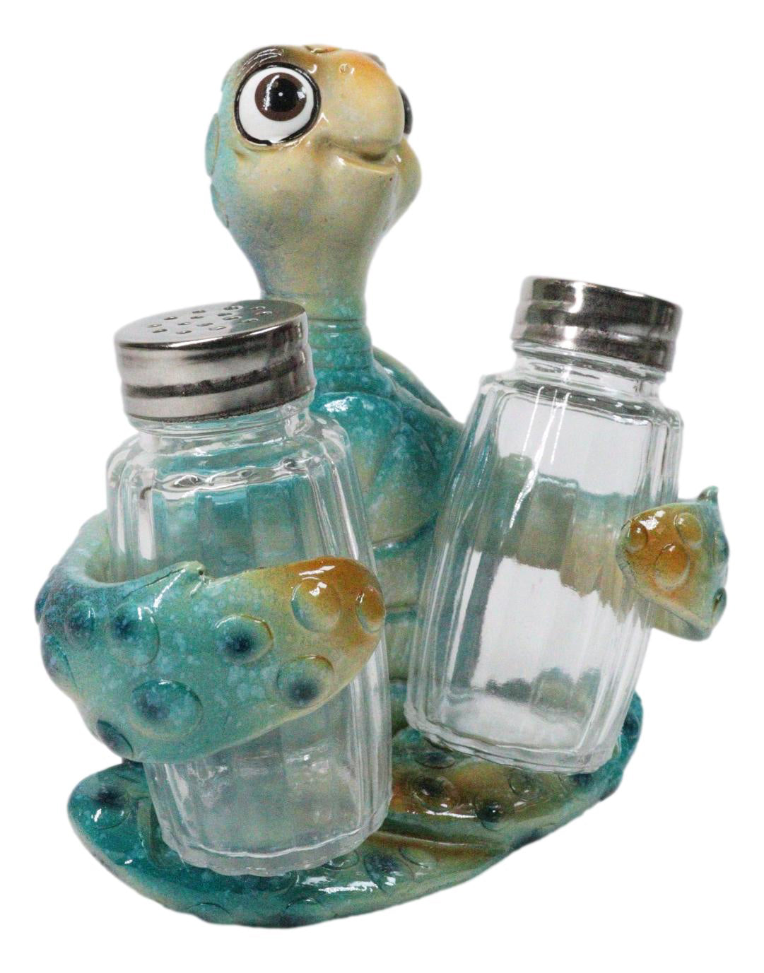 Marine Spotted Blue Shell Sea Turtle Glass Salt Pepper Shakers Holder Figurine