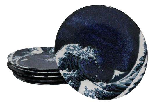 Set Of 6 Blue Japanese Hokusai Great Wave Porcelain Appetizer Salad Small Plates - Ebros Gift