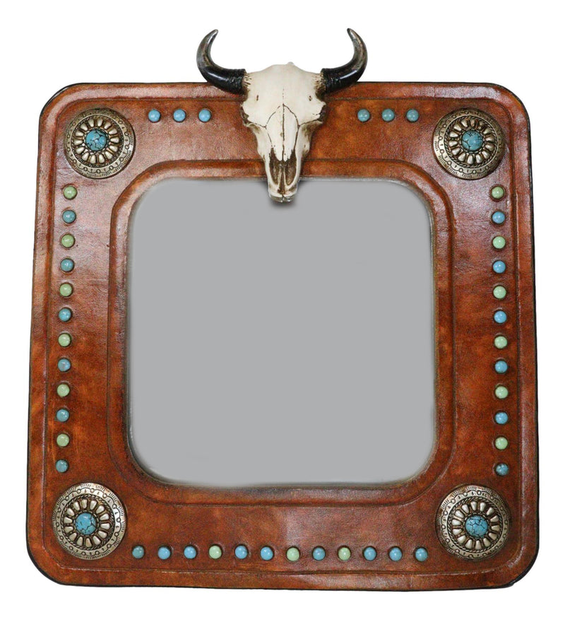 Rustic Western Bull Cow Skull And Turquoise Silver Conchos Faux Leather Mirror