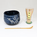 Navy Blue Sakura Blooms Ceramic Japanese Matcha Green Tea Bowl Whisk & Scoop Set