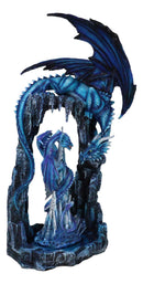 20"H Large Blue Frozen Dragon On Arch With Wyrmling By Ice Stalagmite Statue