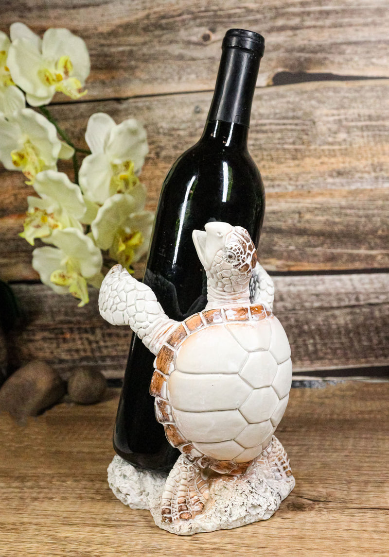 Nautical Marine Distressed Antique White Sea Turtle Wine Bottle Holder Figurine
