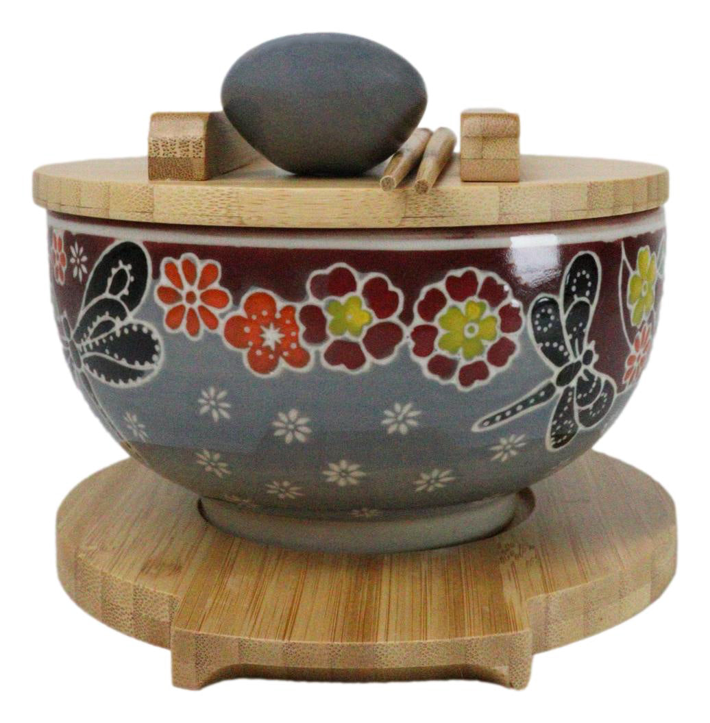 Maroon Tombo Dragonfly Donburi Ramen Bowl With Lid Trivet Spoon Chopsticks Set