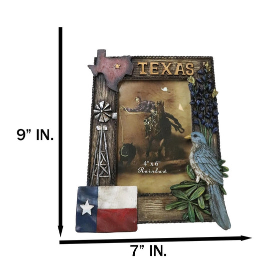 Rustic Western Patriotic Texas Mockingbird Windmill Bluebonnets Picture Frame - Ebros Gift