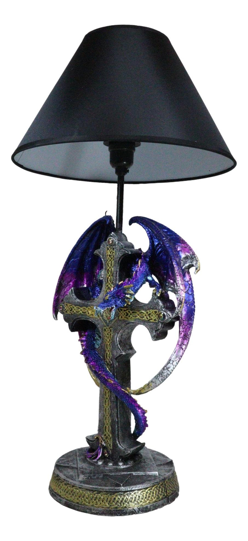 Purple Iridescent Dragon With Silver Celtic Knot High Cross Crystal Table Lamp