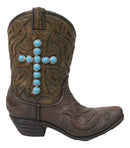 Rustic Western Turquoise Rocks Cross Faux Leather Cowgirl Boot Vase Figurine